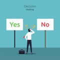 Decision making concept. Businessman confusing to make a decision between yes or no vector illustration