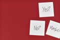 Decision making concept with white paper notes with words `Yes?`, `No?` and `Maybe?` on dark red background with copy space