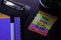 Decision Making, Risk, Idea, Goal, Plan, Challenge text on sticky notes isolated on Black desk. Mechanism Strategy Concept Royalty Free Stock Photo
