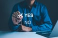 Decision-Making with Yes or No Choice Checkbox, A hand selecting Yes from a digital checkbox interface,
