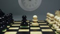 Decision time. Chess pawn makes it\'s first step. Photo of chess Royalty Free Stock Photo