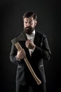 Decision was made. Man brutal hipster with axe. Sharp ax hand confident guy. Masculinity and brutality. Barbershop Royalty Free Stock Photo