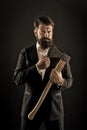 Decision was made. Man brutal hipster with axe. Sharp ax hand confident guy. Masculinity and brutality. Barbershop Royalty Free Stock Photo