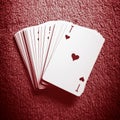 A deck of cards on a dark brown table, ace of hearts first, top view with copy space Royalty Free Stock Photo