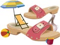 Deck chair clogs ball and pelican Royalty Free Stock Photo