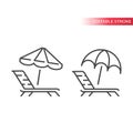 Deck chair, lounge or sun bed with beach umbrella thin line icon.