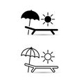 Deck-chair, sun and umbrella on a beach. Relaxation, travel, vacation symbol. Vector