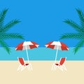 Deck chair and umbrella on the background of the sea and white sand on the beach. Vacation Travel Royalty Free Stock Photo