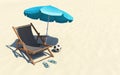 Deck chair and umbrella on sand beach. vacations concept. 3d