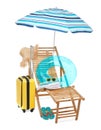 Deck chair, umbrella, suitcase and beach accessories isolated on white Royalty Free Stock Photo