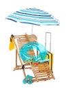 Deck chair, umbrella, suitcase and beach accessories isolated on white Royalty Free Stock Photo