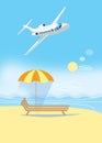 Deck chair under an umbrella on the beach on a clear sunny day. Large plane in the sky. Holidays, sea rest. Illustration