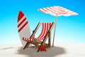 Deck chair under an umbrella and a surfboard on sandy beach Royalty Free Stock Photo