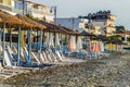Deck chairs on the beach in Leptokarya, Greece