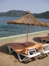 Deck chairs and straw sunshade