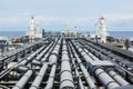 Deck of crude oil tanker with cargo pipeline. Royalty Free Stock Photo