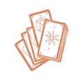 Deck of occult tarot cards with major arcanas for divining and fortune-telling. Symbols of sun and star. Monochrome flat