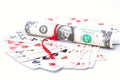 A deck of playing cards and one dollar bill Royalty Free Stock Photo