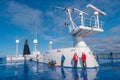 On the deck of Smyril Line cruise ship and cargo ferry boat heading to Iceland, Seydisfjordur, Iceland, summer