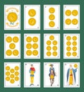 Deck of Spanish playing cards. Golds. From Ace to the figures of the Court Royalty Free Stock Photo