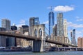 The deck and west tower of the Brooklyn Bridge with the skyscrapers of Lower Manhattan and the World Trade Center