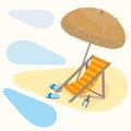 Deckchair, brown straw beach umbrell, blue slippers, bottle with drink. Rest on seashore. Vector illustration in flat style. Royalty Free Stock Photo