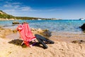 Deckchair with diving mask and flipper, on the beach, sunny day Royalty Free Stock Photo