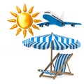 Deckchair and parasol and sun on white background. Isolated 3D i Royalty Free Stock Photo