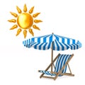 Deckchair and parasol and sun on white background. Isolated 3D i