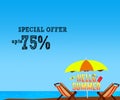 Deckchair and umbrella on the beach. Vector illustration, Summer sale banner designs with offer text.