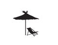 Deck chair umbrella summer beach holiday symbol silhouette icon. Chaise longue, parasol isolated. Sunbath beach resort symbol of