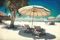 Deckchair with an umbrella on a tropical beach with palm trees near the sea or ocean for relaxation. AI generated.