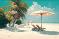 Deckchair with an umbrella on a tropical beach with palm trees near the sea or ocean for relaxation. AI generated