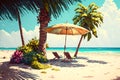 Deckchair with an umbrella on a tropical beach with palm trees near the sea or ocean for relaxation. AI generated.