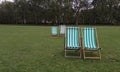 Deckchairs on the grass in St James\'s Park, London