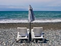 Deckchairs and umbrella at Batumi beach, Adjara, Georgia.