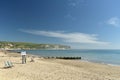 Deckchairs and view over bay from Swanage beach