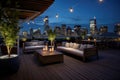 decked rooftop lounge area with a breathtaking city view