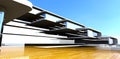 Decked terrace of new contemporary hotel in New Orlean. Large panoramic windows. Blue sky. 3d rendering