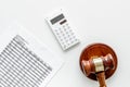 Declare bankruptcy concept. Judge gavel, financial documents, calculator on white background top view