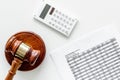 Declare bankruptcy concept. Judge gavel, financial documents, calculator on white background top view