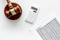 Declare bankruptcy concept. Judge gavel, financial documents, calculator on white background top view copy space