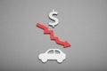Decline car price concept, down change value cost Royalty Free Stock Photo