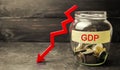 Decline and decrease of GDP - failure and breakdown of economy and finances leading to financial crisis and trouble. Drop in gross Royalty Free Stock Photo