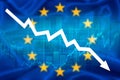 declining economic performance of euro area. declining graph and euro symbol on background of european flag. economic depression,
