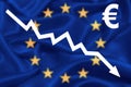 declining economic performance of euro area. declining graph and euro symbol on the background of european flag. economic