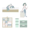 Declutter and Tidy up concept vector icon set. Closet organization illustration. Woman with bag decluttering and tidying her Royalty Free Stock Photo