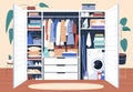 Decluttered wardrobe with organized storage of clothes, hanging on racks and folded on shelves. Inside open tidy closet Royalty Free Stock Photo