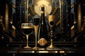 Deco Celebration: Art Deco-Style Illustration of Champagne Bottle and Flute