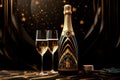 Deco Celebration: Art Deco-Style Illustration of Champagne Bottle and Flute